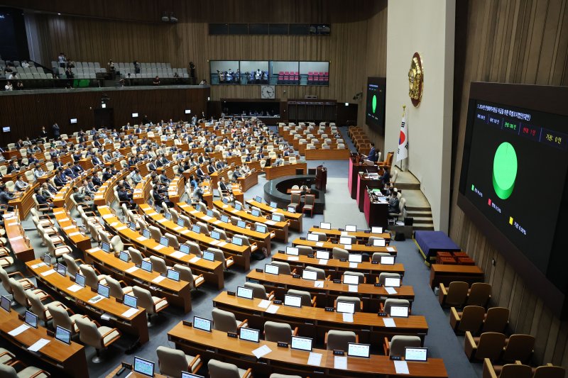 [서울=뉴시스] 권창회 기자 = 2일 오후 서울 여의도 국회에서 열린 제416회(임시회) 제2차 본회의에서 2024년 민생회복지원금 지급을 위한 특별조치법안이 재적300인 중 재석 187인, 찬성 186인으로 통과되고 있다. 2024.08.02. kch0523@newsis.com