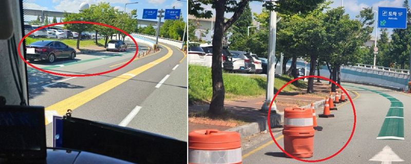 김해공항 진입로에 불법주차된 차량의 모습(왼쪽). 2일 불법 주정차가 돼 있던 자리에 시설물(루비콘)이 설치 돼 있는 모습. 연합뉴스