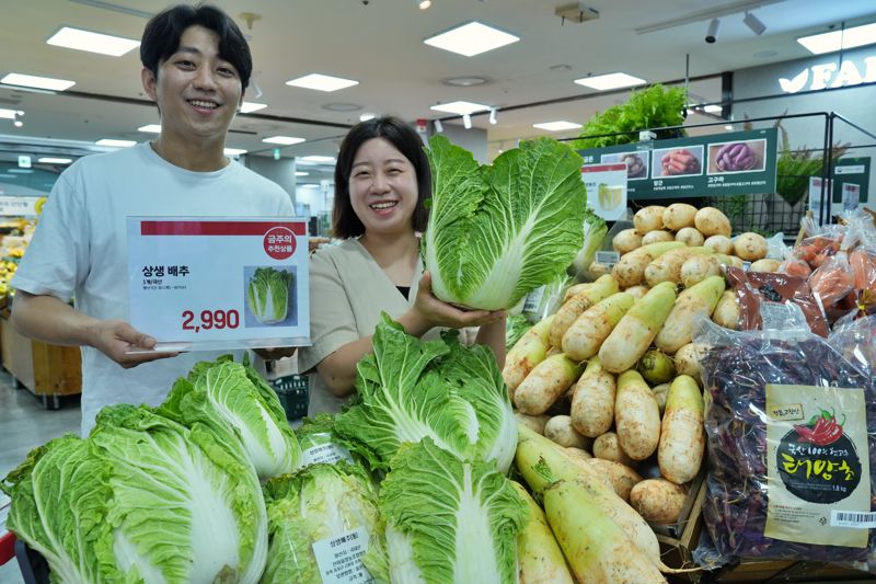 4일 제타플렉스 잠실점 농산매대에서 정부비축 상생배추를 홍보하고 있는 채소팀 MD들. 롯데마트 제공.