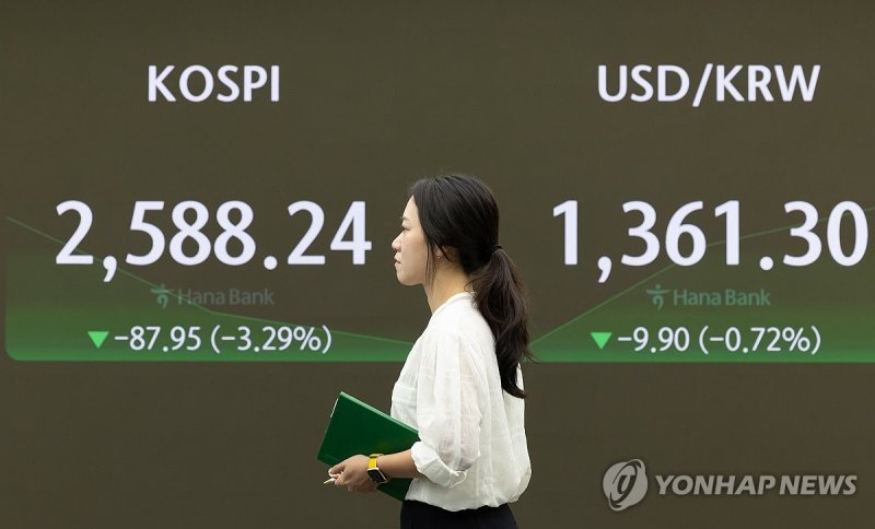 코스피가 미국 경기 침체 공포를 반영하면서 2거래일 연속 2% 넘게 하락 출발하며 2,600선 붕괴된 5일 서울 중구 하나은행 딜링룸에서 직원들이 업무를 보고 있다.