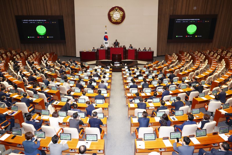 5일 오후 서울 여의도 국회에서 열린 제417회 국회(임시회) 제1차 본회의에서 노동조합 및 노동관계조정법 개정안(노란봉투법)이 재적 300인 중 재석 179인, 찬성 177, 반대 2인으로 통과되고 있다. 뉴스1