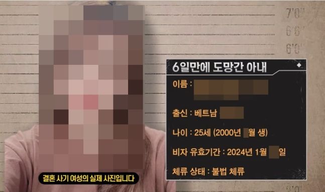 유튜브 '투우부부' 채널을 통해 공개된 베트남 여성의 신상. 한국인 남성과 결혼한 지 6일만에 가출해 행방이 묘연한 것으로 알려졌다. 사진=유튜브