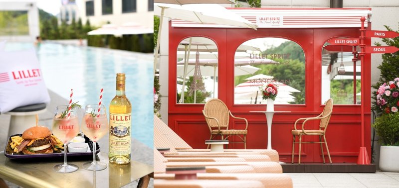 빨강색 하얀색의 파리 감성을 담은 야외 수영장.(몬드리안 서울 이태원 제공)