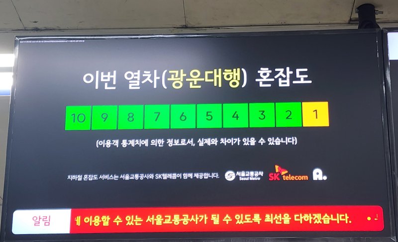 지하철 혼잡도 서비스 예시 (서울시 제공)