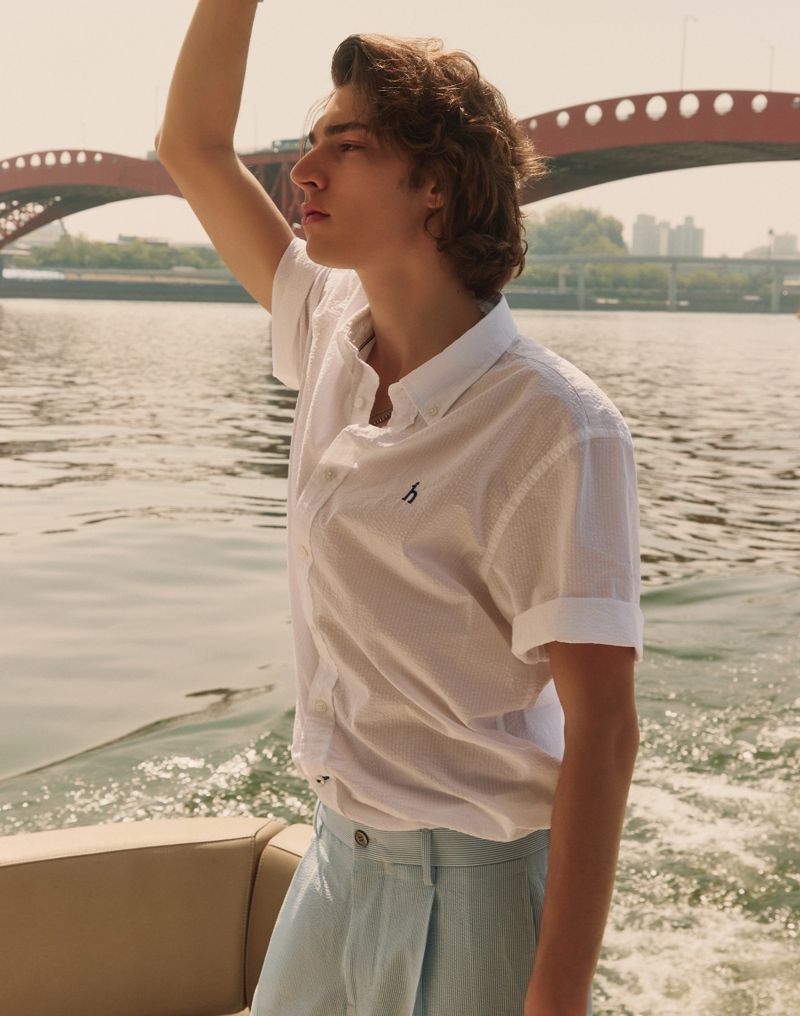 헤지스 시어서커 반팔 셔츠