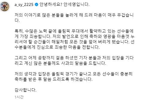 안세영 "축하받아야 할 선수들 영광 덮어 죄송, 입장은 올림픽 끝난 뒤에"