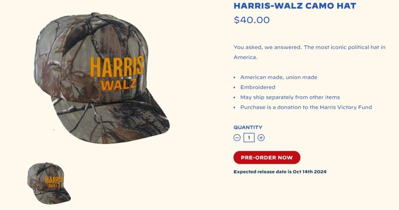 '카멀라해리스' 사이트에서 판매되는 해리스-월즈 모자 [카멀라해리스닷컴 캡처. 재판매 및 DB 금지]