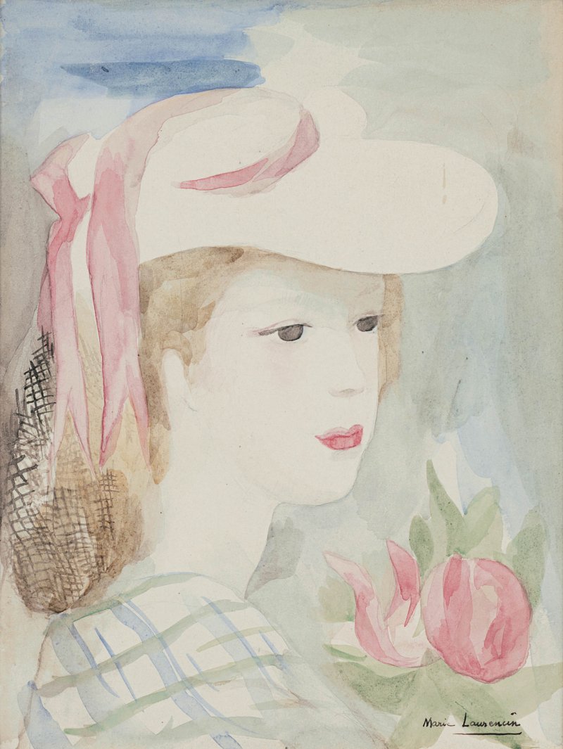 추정가 2000~3500만 원, 마리 로랑생(1883~1956)French Jeune Femme au Chapeau et à la Rose (Young Woman with a Hat and a Rose)watercolor on paper 32.8×25cm ,circa 1932 *재판매 및 DB 금지