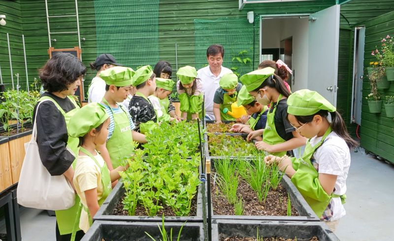 휴롬이 운영하는 옥상텃밭 채소놀이터에서 아이들이 채소를 관찰하고 있다. 휴롬 제공