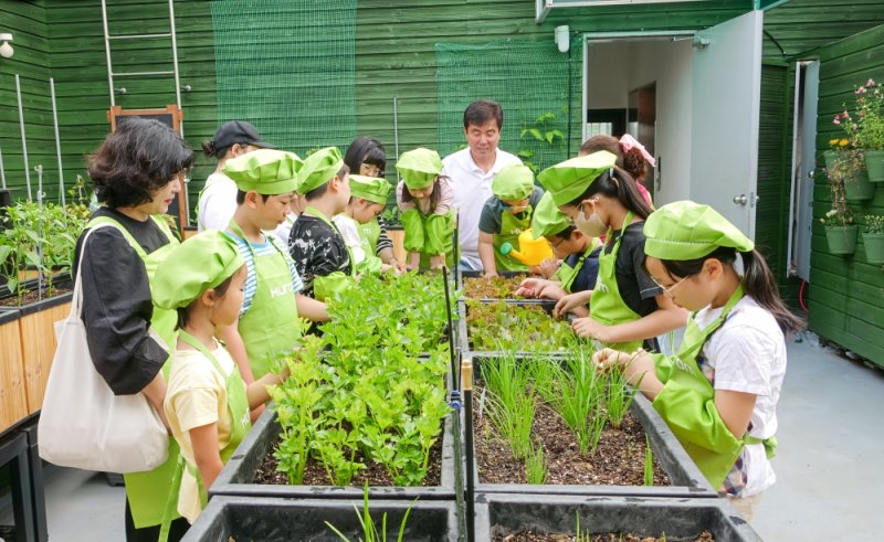 휴롬이 운영하는 옥상텃밭 채소놀이터에서 아이들이 채소를 관찰하고 있다.