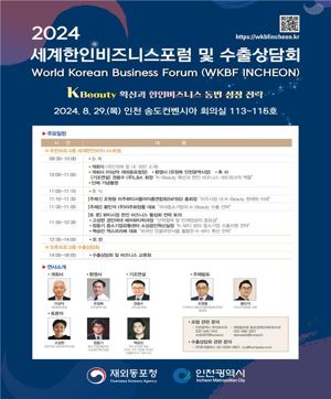 ‘2024 세계한인비즈니스포럼(WKBF Incheon) 및 수출상담회’가 오는 29일 인천 송도 컨벤시아에서 개최된다. 인천시 제공.