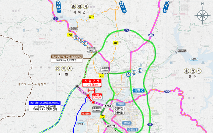 2025년 착공, 2028년 개통될 춘천 서면대교 위치도. 강원특별자치도 제공