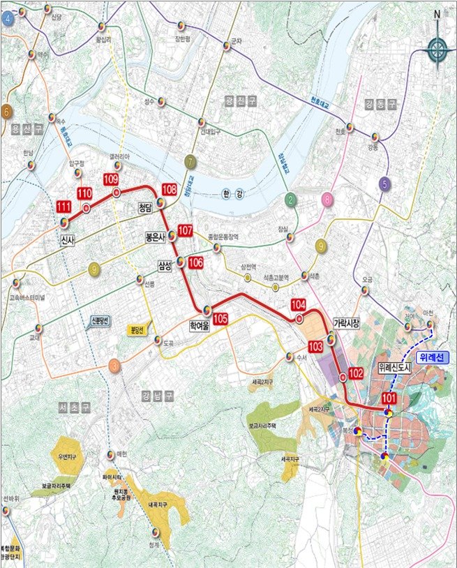 서울시가 위례신사선의 건설사업비를 증액하고 공사기간을 연장해 재추진한다. '위례신사선 도시철도 민간투자사업' 제3자 제안 재공고를 16일부터 실시한다. 위례신사선 도시철도 노선도. 서울시 제공