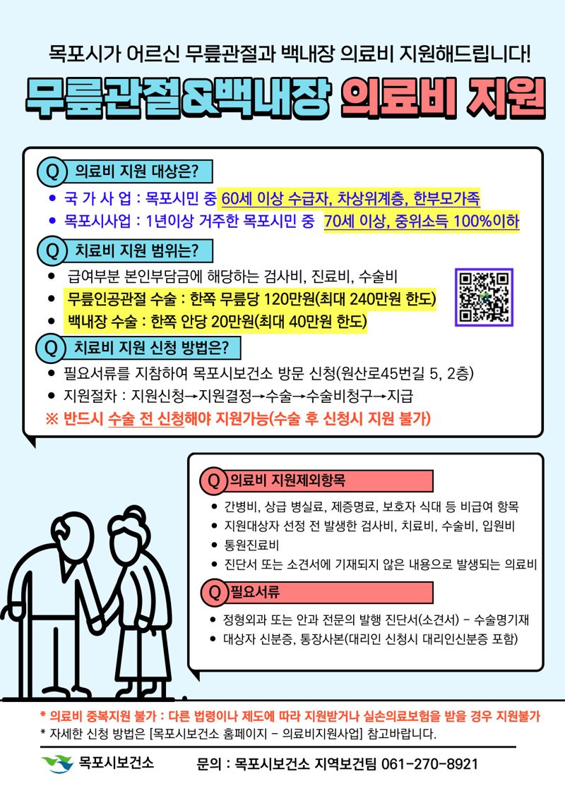 전남 목포시는 올해 첫 시행 중인 목포시 '노인 무릎인공관절 수술 및 백내장 수술 의료비 지원 사업'이 시민들에게 큰 호응을 받고 있다고 19일 밝혔다. 목포시 제공