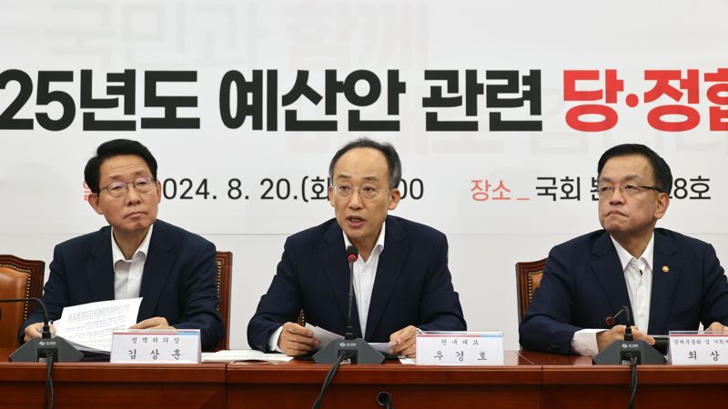 2025년도 예산안 관련 당정협의회가 20일 국회에서 열려 추경호 국민의힘 원내대표가 발언하고 있다. 사진=서동일 기자