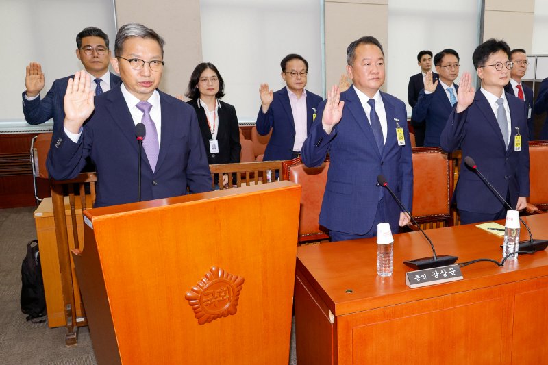 우종수 국가수사본부장(앞줄 왼쪽부터), 강상문 영등포경찰서장, 김찬수 대통령실 지방시대비서관실 행정관(전 영등포서장)이 20일 오전 서울 여의도 국회 행정안전위원회에서 열린 마약수사 외압 의혹 관련 청문회에 출석해 증인 선서를 하고 있다. 두번째줄 왼쪽은 백해룡 경정(전 영등포서 형사과장). 2024.8.20/뉴스1 ⓒ News1 안은나 기자