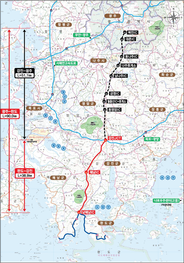 광주~완도 고속도로 2단계 구간인 강진~완도 고속도로 건설 사업이 22일 기획재정부의 재정사업평가위원회에서 예비타당성조사를 통과해 강진과 완도 양 지역 간 이동시간이 기존 64분에서 43분으로 21분 단축될 전망이다. 사진은 광주~완도 고속도로 건설 사업 위치도. 전남도 제공