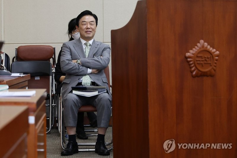 김형석 독립기념관장이 26일 오전 국회에서 열린 정무위원회 전체회의에서 더불어민주당 박상혁 의원의 질의 도중 자신과 관련된 발언이 나오자 팔짱을 낀 채 웃음을 짓고 있다. 2024.8.26 /사진=연합뉴스