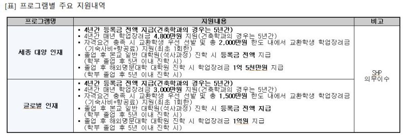 [서울=뉴시스] 프로그램별 주요 지원내역 (사진=세종대 제공) *재판매 및 DB 금지