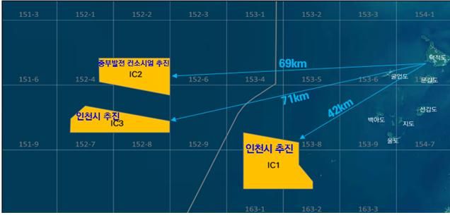 인천시가 공공 주도로 추진하는 해상풍력발전단지 조성사업에 입지 예정 지역으로 선정된 덕적도 서쪽 해상 3곳 위치도. 인천시 제공.