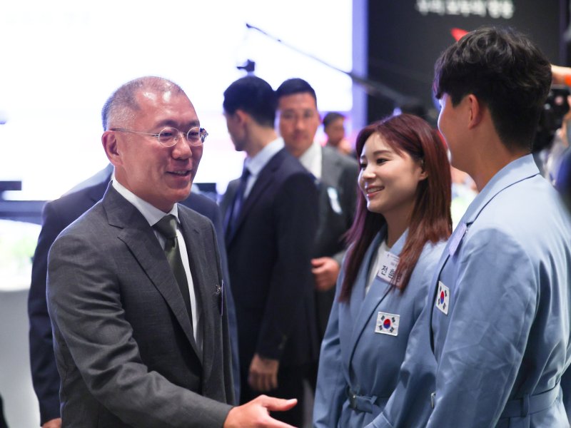 정의선 현대차그룹 회장(왼쪽 첫번째)이 지난 22일 서울의 한 호텔에서 열린 '2024 파리올림픽 선수단 격려 행사'에 참석해 전훈영, 김제덕 등 양궁 대표 선수들과 인사하고 있다. 대통령실통신사진기자단