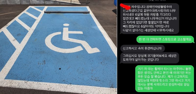 장애인 구역에 불법주차한 여성이 되레 신고자에게 불만을 토로했다는 사연이 전해졌다. 출처=뉴시스, 온라인커뮤니티