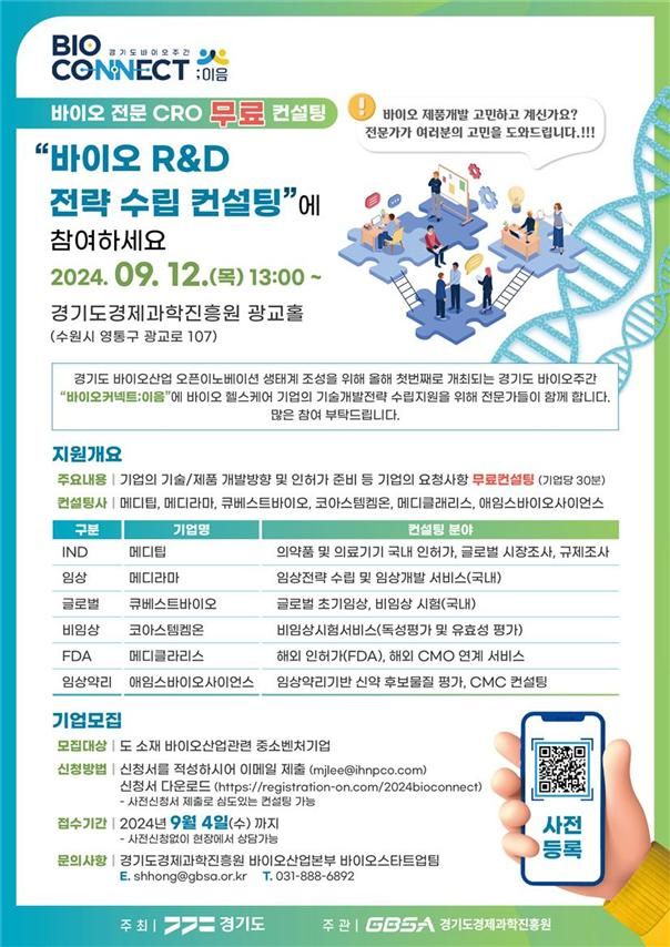 경과원, 임상승인 지원 '바이오 R&D 전략 수립 컨설팅' 참가 기업 모집