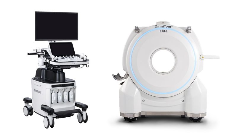 삼성메디슨이 올해 제23차 아시아·오세아니아 주산의학학술대회(FAOPS2024)에서 소개하는 산부인과용 초음파 진단기기인 'HERA W10 Elite'(왼쪽)와 이동형 CT인 ' OmniTom Elite' 제품. 삼성메디슨 제공