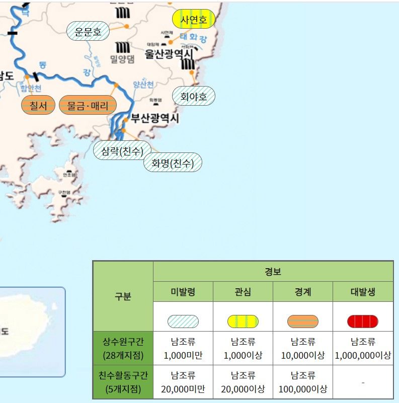 물환경정보시스템 녹조(조류) 정보 발생 지도