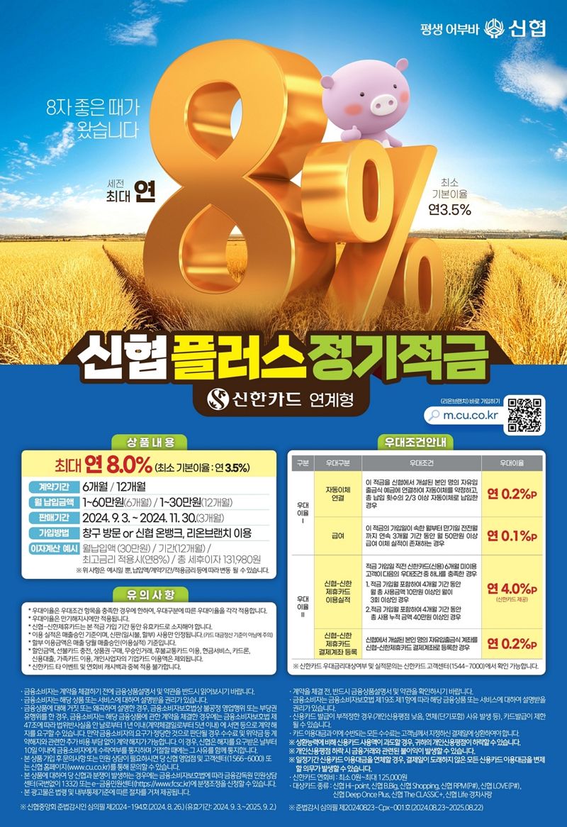 "연 최고 8%"..신협, 신한카드 연계 플러스정기적금 출시