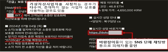 영업을 종료하는 가상자산 거래소가 늘어나는 현상이 발생하자 이를 이용해 가짜 거래소로 유인해 금품을 갈취하려는 수법이 담긴 스팸 문자. (금융감독원 자료 제공)