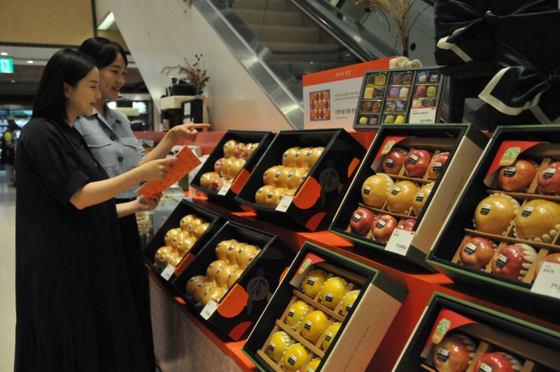 롯데백화점 대구점을 찾은 고객이 과일 선물세트를 고르고 있다.(롯데백화점 제공)