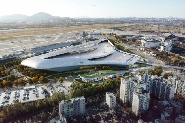 서울시가 강서구 공항동 김포공항 일대(35만4000㎡)를 9일 '김포공항 혁신지구'로 지정 고시한다. 시는 지정된 지역을 교통허브로 개발할 계획이다.혁신지구 1블록에 조성할 도심항공교통(UAM) 이착륙장 등 복합환승시설 조감도 서울시 제공