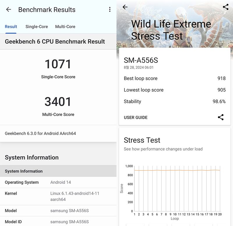 갤럭시 퀀텀5 긱벤치6(왼쪽), 3D마크 와일드 라이프 익스트림 스트레스 테스트 결과. 사진=구자윤 기자