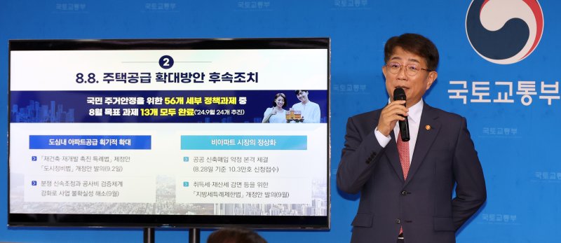 [세종=뉴시스] 강종민 기자 = 박상우 국토교통부 장관이 9일 세종시 정부세종청사에서 열린 출입기자 간담회에서 최근 주택시장 동향과 8.8 주택공급 확대방안 후속조치 등을 발표하고 있다. 2024.09.09. ppkjm@newsis.com
