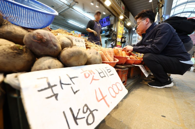 지난 19일 서울 동대문구 경동시장에서 국립농산물품질관리원 원산지 단속팀이 농수산물 원산지 표시 현황을 점검을 하고 있다. 뉴시스