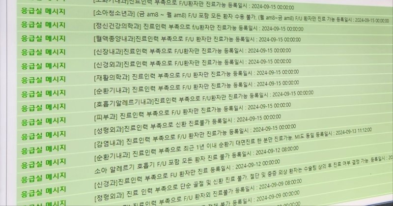 '인력 부족으로 응급실 진료 제한' (서울=연합뉴스) 권지현 기자 = 15일 국립중앙의료원 중앙응급의료상황실 전면 모니터에 한 병원 응급실의 진료 제한을 알리는 메시지가 떠 있다. 2024.9.15. fat@yna.co.kr