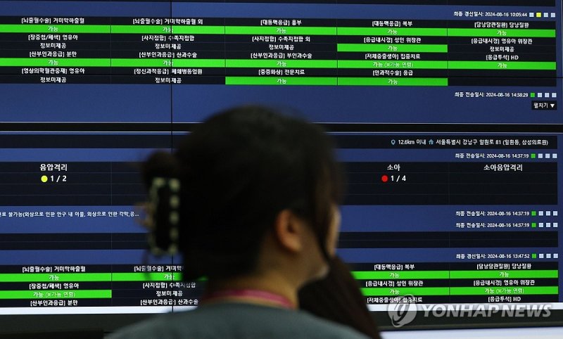 분주한 중앙응급의료센터 분주한 중앙응급의료센터 (서울=연합뉴스) 한종찬 기자 = 3일 오후 서울 중구 국립중앙의료원 중앙응급의료센터에서 관계자들이 응급의료 현안 대응 현황을 살피고 있다. 2024.9.3 saba@yna.co.kr (끝)