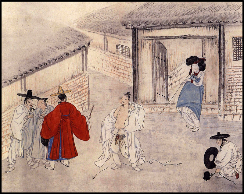 조선 후기 화가인 신윤복(1758~1814년경)의 풍속화 '유곽쟁웅(遊廓爭雄)'으로 술집 앞에서 선비들이 술에 취해서 몸싸움을 벌인 모습을 그린 것이다. 신윤복이 태어날 당시 영조의 10년 금주령이 있었다.