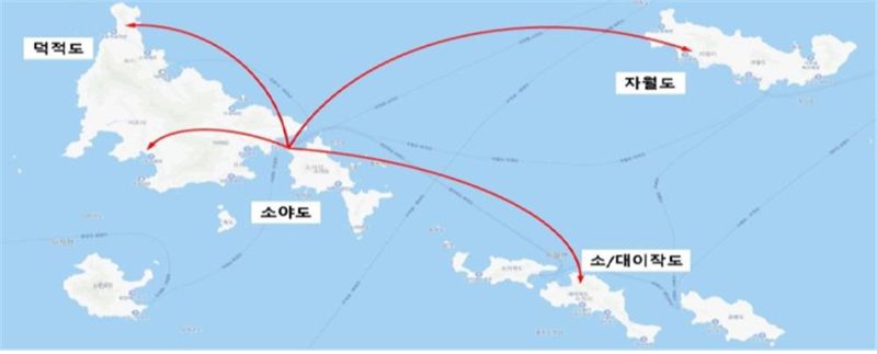 인천 섬 지역에 필요한 생활물품을 드론으로 배송하는 드론 생활배송 서비스 1단계 근거리 해상 배송(소야도↔덕적도·대이작도·자월도)의 배달 경로. 인천시 제공.