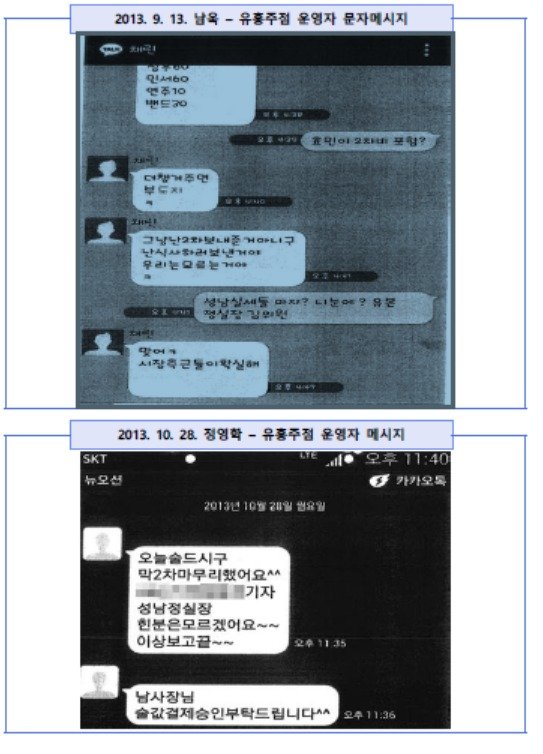 남욱·정영학-유흥주점 운영자 간 문자메시지. (서울중앙지검 제공)