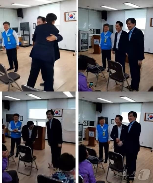 지난 24일 전남 영광 노인대학에서 더불어민주당 장세일 영광군수 후보 지원유세에 나선 정청래 의원이 인사차 찾아 온 조국 조국혁신당 대표를 반갑게 맞이하면서 포옹하고 있다. (유튜브 갈무리)2024.9.28./뉴스1