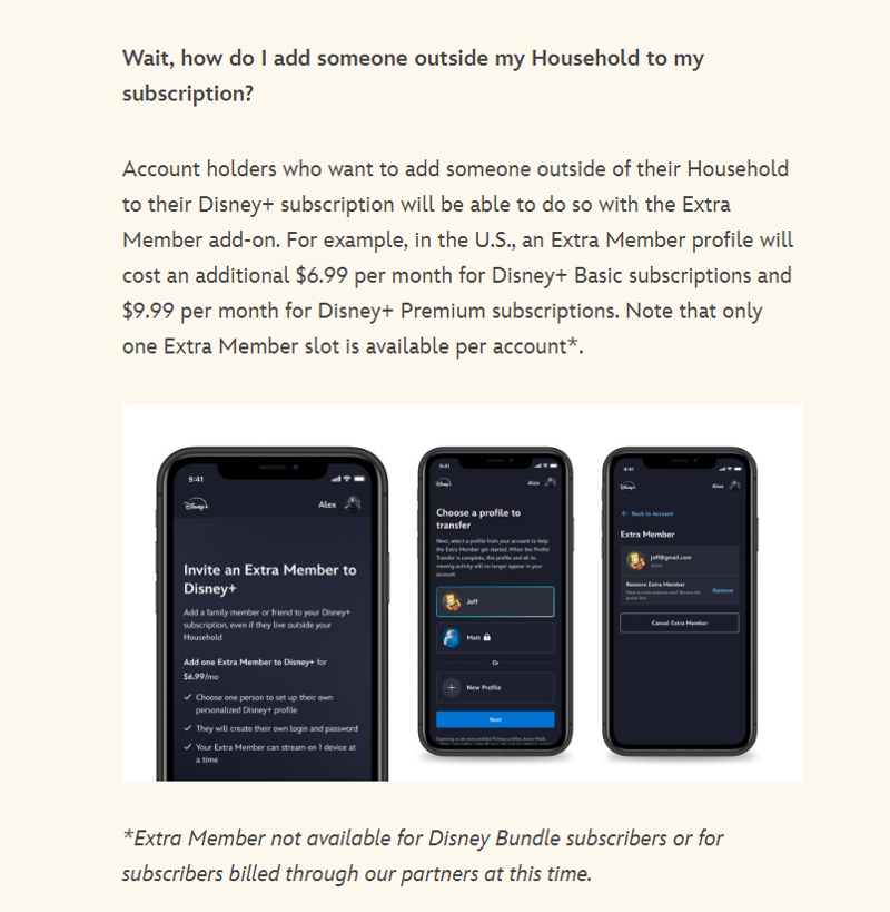월트디즈니 홈페이지에 공개돼 있는 디즈니+ 추가과금 정책 설명 자료. 출처: 월트디즈니 홈페이지.