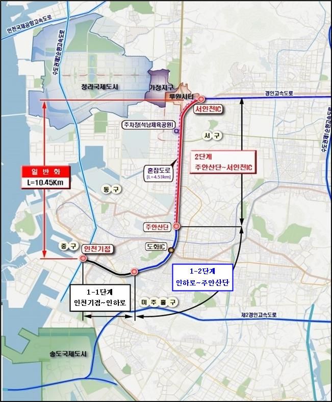 인천대로 일반화 도로개량사업 단계별 위치도. 인천시 제공.