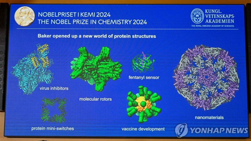 SWEDEN-NOBEL-PRIZE-CHEMISTRY A screen displays details from the work of the winners of the 2024 Nobel Prize in Chemistry during the announcement by the Royal Swedish Academy of Sciences in Stockholm, Sweden on October 9, 2024. David Baker, Demis Hassabis and John M. Jumper won the 2024 Nobel Prize i