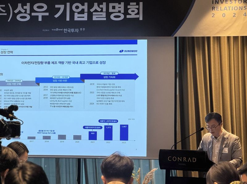 성우 박종헌 대표이사가 14일 서울 여의도 콘래드 호텔에서 기자간담회를 열고 발언하고 있다. 성우 제공