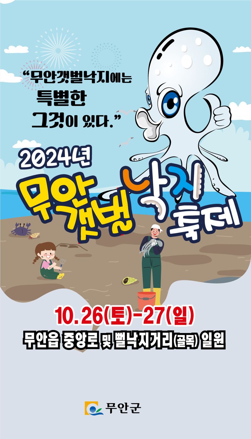 전남 무안군이 오는 26~27일 무안읍 뻘낙지거리 및 중앙로 일원에서 ‘2024 무안갯벌낙지축제’를 개최한다. 무안군 제공