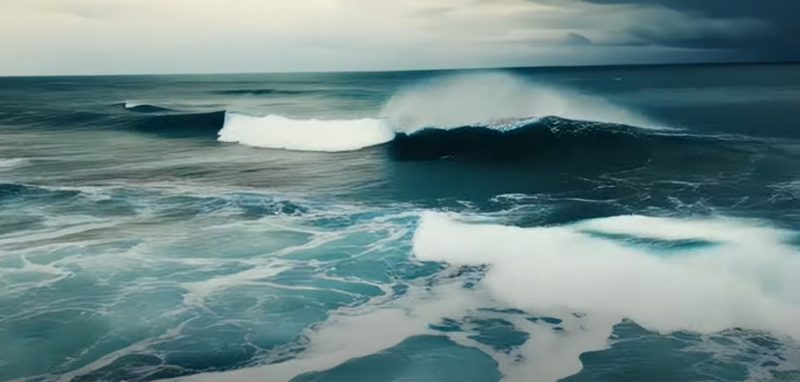 파이어플라이에서 '바다(ocean), 거친 파도(big waves), 폭풍(strom)' 3가지 키워드만 입력해 만든 파도 치는 옥빛 바다 영상. 출처 Adove Video & Motion.