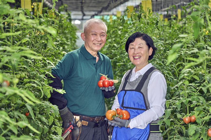 오는 18일부터 2박3일간 경기도 이천 시몬스 테라스에서 열리는 시몬스 '파머스 마켓'에 5년간 참여하는 오건농장 오건석(왼쪽부터)·김종옥 대표가 기념사진을 찍고 있다. 시몬스 제공