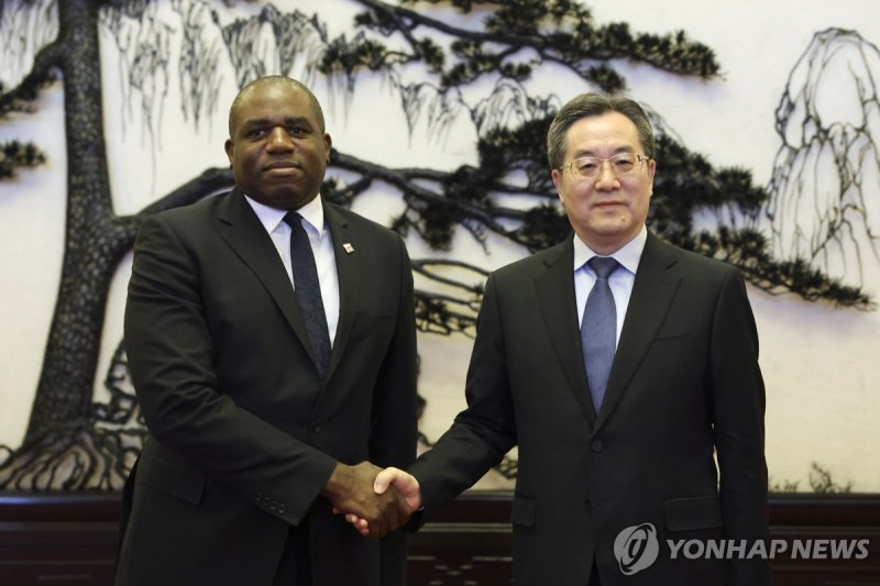 래미 외무장관과 딩쉐샹 부총리 epa11665800 Britain's Foreign Secretary David Lammy (L) and Chinese Vice Premier Ding Xuexiang shake hands before their meeting at the Great Hall of the People in Beijing, China, 18 October 2024. EPA/FLORENCE LO / POOL